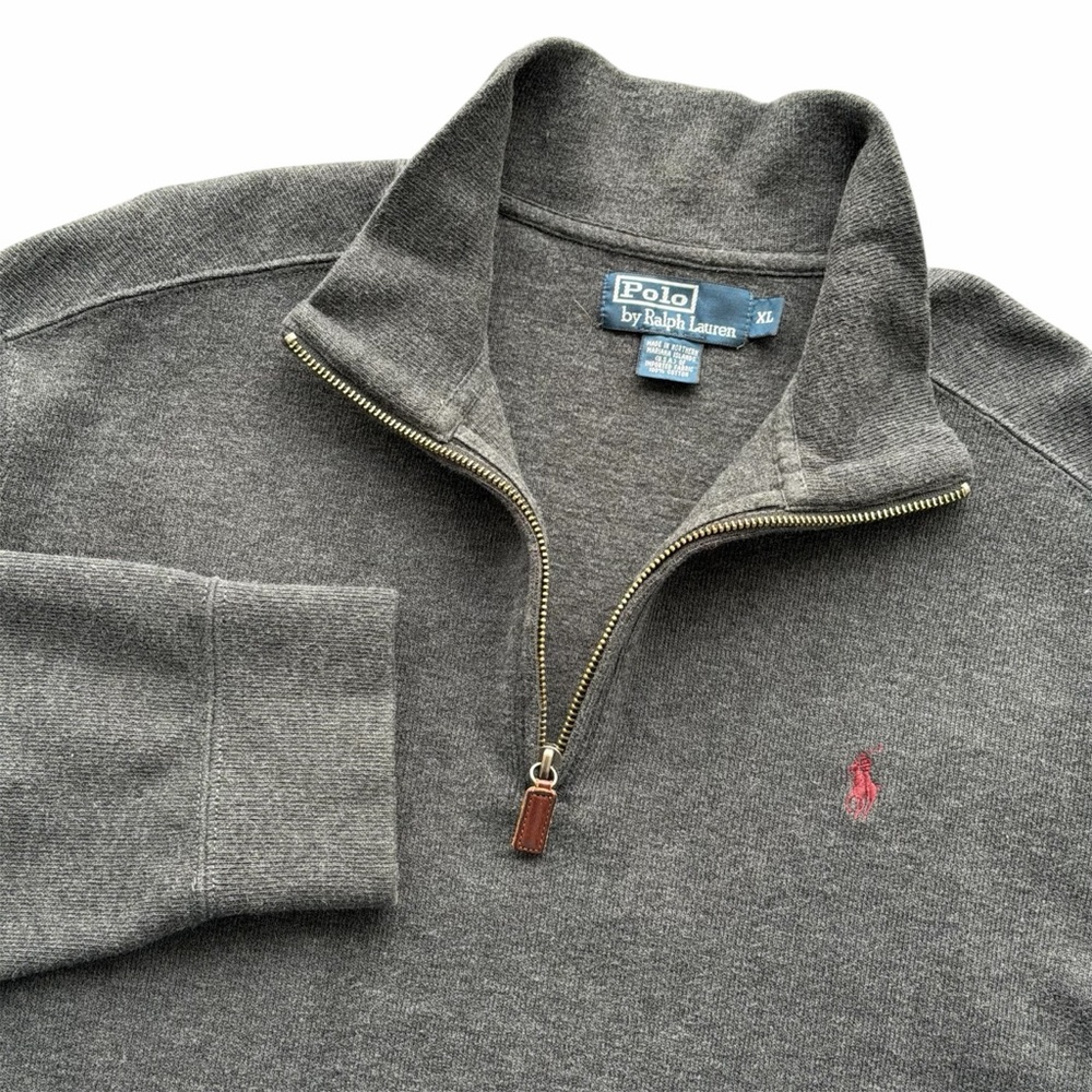 Vintage Polo Ralph Lauren 1/4 Zip Pullover Sweater XL Dark Gray Maroon Pony Logo